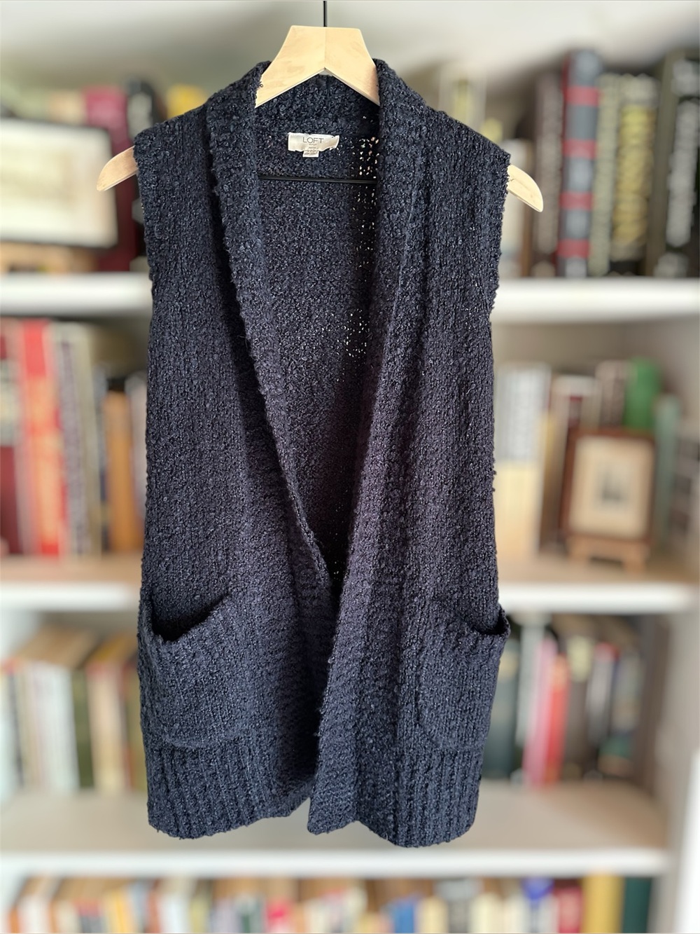 🎉LOFT Navy Blue Bucle Shawl Collar Open Vest